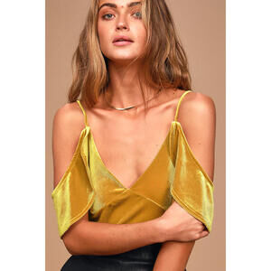 Lulus I'm Flattered Mustard Yellow Velvet Off-the-shoulder Bodysuit - Size M